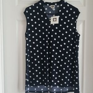 NWT Anne Klein Navy/White Polka Dot Keyhole Top